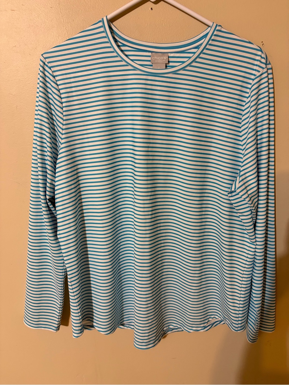 Chico's Zynergy Women’s Long-Sleeve Striped Tee in White & Blue Sz 2